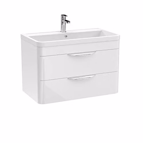 nuie Parade Modern Wall Hung Bathroom Vanity Storage Unit with Ceramic Basin and 2 Drawers, Gloss White, W: 80 cm, D: 45 cm, H: 54 cm – 2