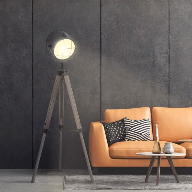 HOMCOM Industrial Tripod Floor Lamp in Grey with Pine Wood Finish and Height Adjustable Design – 1
