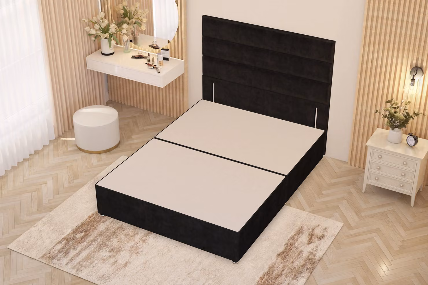 Somnior Chambery Double Divan Bed Frame with Floor Standing Headboard in Black Plush Velvet, W/D/H: 140 x 200 cm – 2