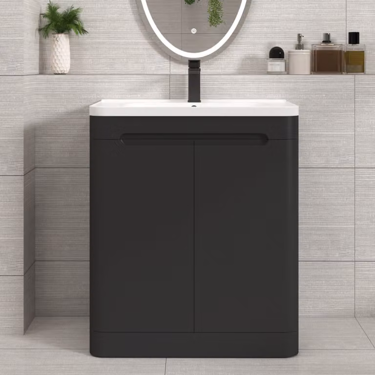 Royal Bathrooms Venice 700mm Matt Nocturne Black Floor Standing 2 Door Vanity Unit with Ceramic Basin
