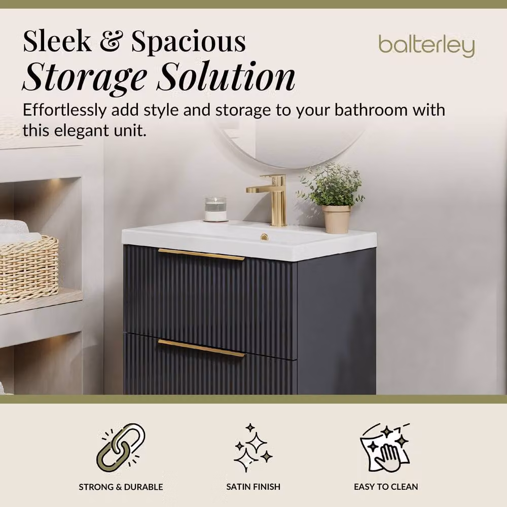 Balterley Fluted Front Wall Hung 2 Drawer Vanity Basin Unit, Dark Grey, W: 60 cm, D: 54 cm, H: 60 cm – 2