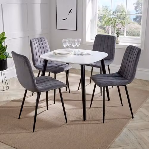 Core Products Aspen Casual Dining Set with Square White Wood Table and Four Grey Upholstered Fabric Chairs with Black Metal Legs – 1