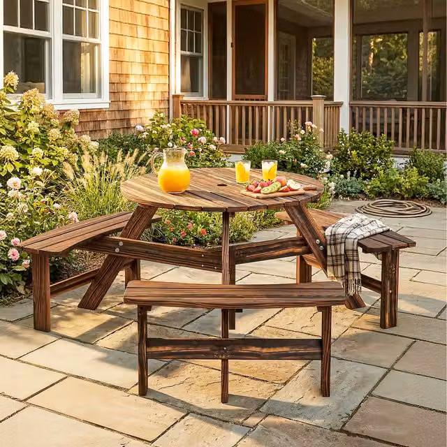 Outsunny Rustic Brown Wood Garden Round Table with Benches in Carbonised Finish