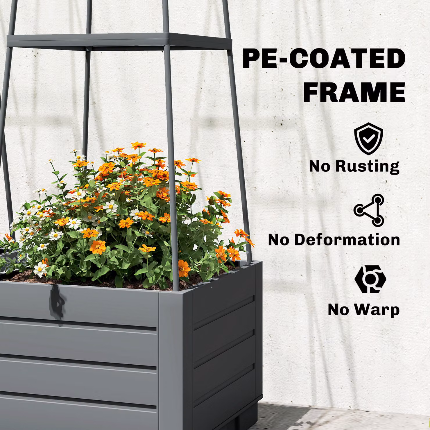 Outsunny 2 Pack Grey Plastic Raised Garden Beds with Trellis and Removable Drainage Trays, W/D/H: 140 x 28 x 40 cm – 5