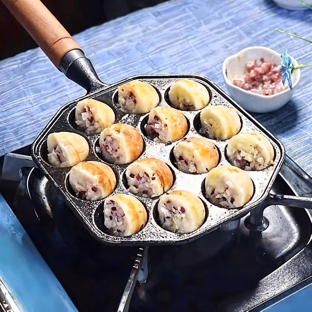 NESTLUNE Non Stick Cast Iron Takoyaki Grill Pan with 14 Holes and Removable Handle, Grey, W: 100 cm, D: 15 cm – 5