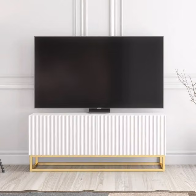 Creative Furniture Ripple TV Unit in White and Gold, Modern Fluted Design, W: 100 cm, H: 45 cm, D: 35 cm – 1