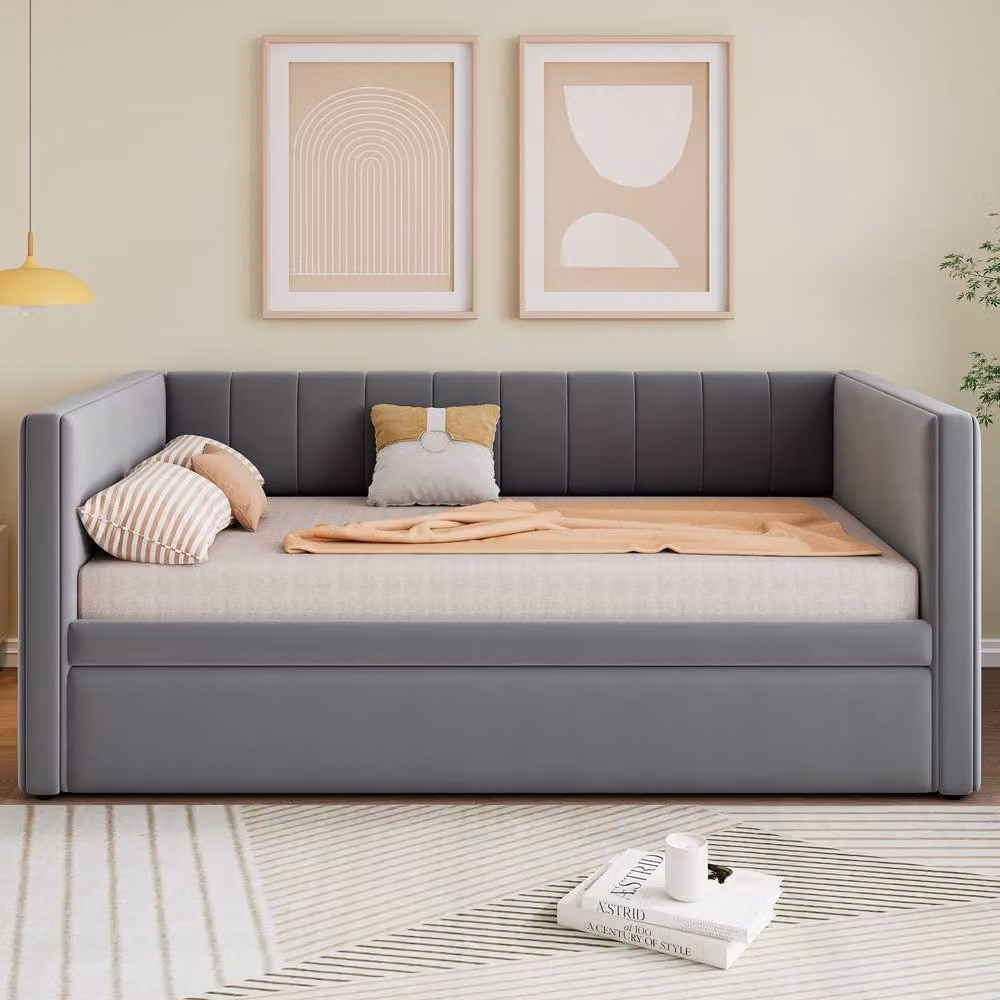 Rolipo Grey Velvet 3FT Single Daybed with Pull Out Trundle, W: 90 cm, L: 190 cm – 2
