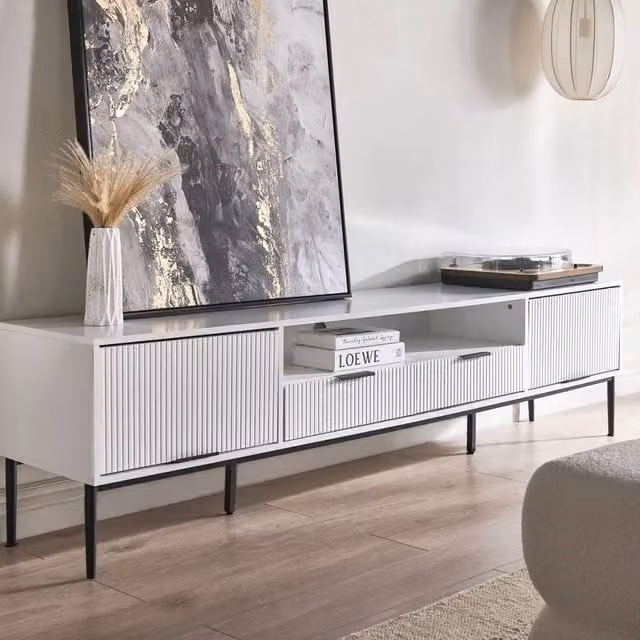 Wyld Haus White Wood and Metal Scandinavian TV Stand with Ribbed Front, W: 200 cm, D: 40 cm, H: 52 cm