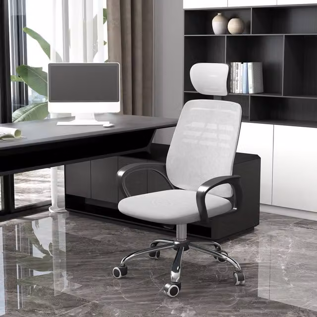 Vinsetto Grey and White Fabric Mesh Swivel Task Chair with Rotatable Headrest and Armrests