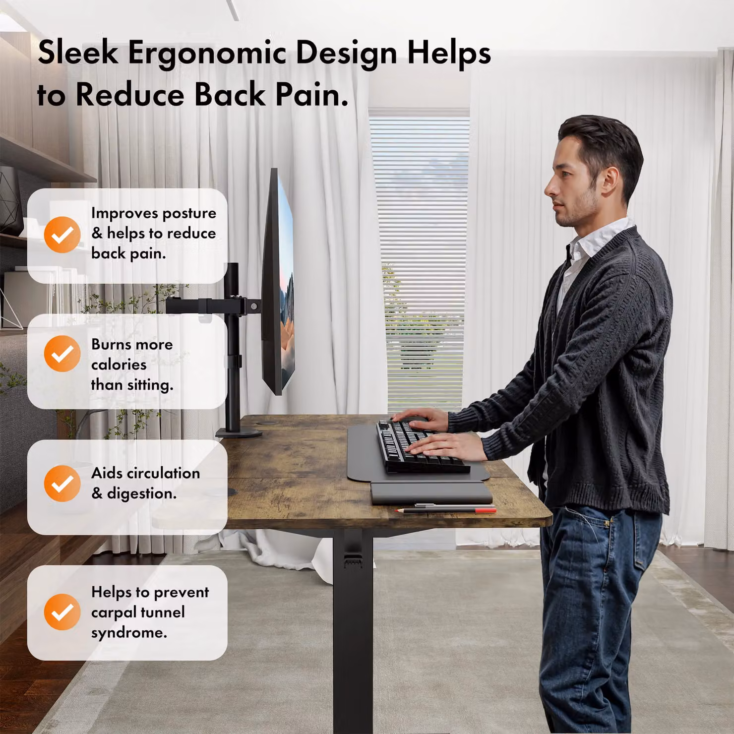 VonHaus Electric Height Adjustable Standing Desk with USB-C Charging in Matt Dark Brown – 3