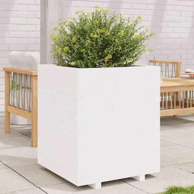 Berkfield Home White Solid Wood Pine Garden Planter Tub W: 60 cm, D: 60 cm, H: 72.5 cm