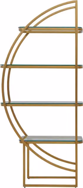 Orsina Left Half Moon Shelf Unit in Matt Gold with Four Transparent Glass Shelves
