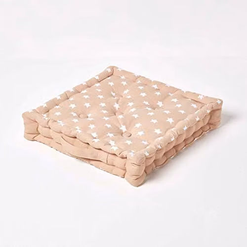 Homescapes Cotton Star Floor Cushion in Beige and White, W/D/H: 40 x 40 x 8 cm