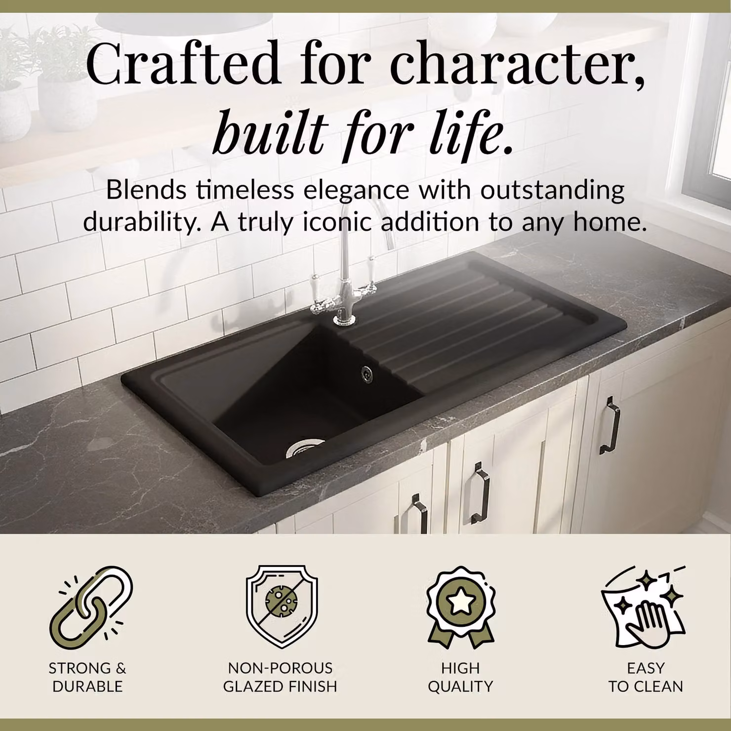 Balterley Ceramic Single Bowl Kitchen Sink with Grooved Drainer, Dark Grey, Width: 101 cm – 2