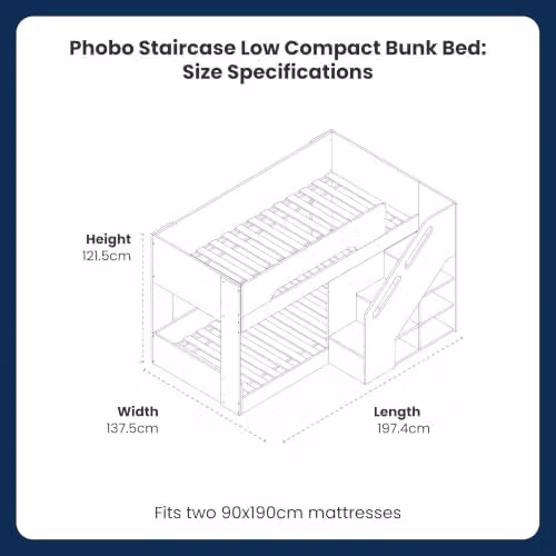 Flair Phobo Low Two-Level Staircase Bunk Bed with Storage and Side Compartments, White – 2