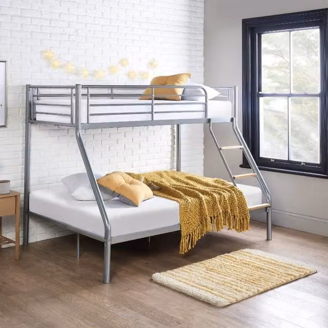 Home Treats Silver Metal Double Bunk Bed Triple Sleeper with 1 Double and 1 Single Mattress