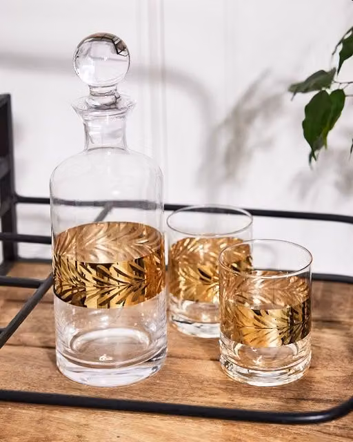 Dibor Art Deco Gold Embossed Whisky Decanter 1.5 l and 2 Tumblers 400 ml Set in Clear Glass