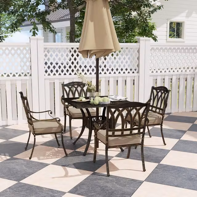Outsunny 5 Piece Metal Garden Dining Set with Floral Cushions and Parasol Hole in Bronze Tone
