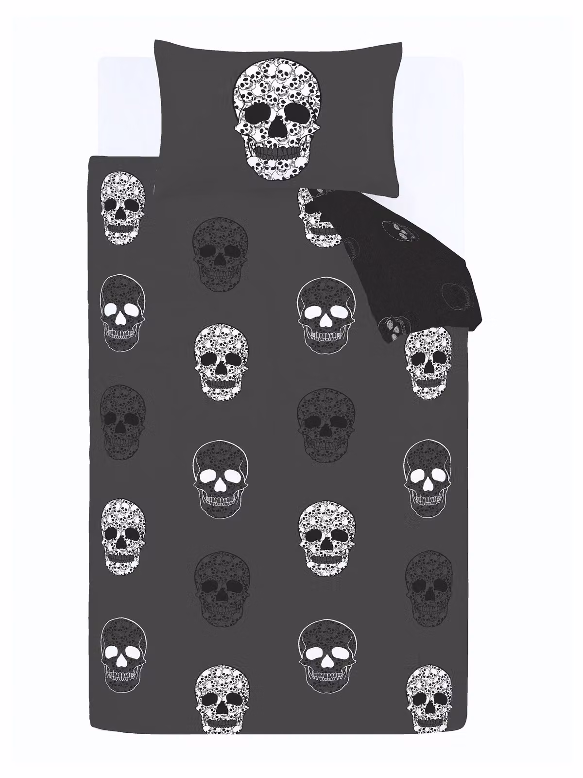 Catherine Lansfield Skulls Reversible Halloween Duvet Cover and Pillowcase Set, Grey and Black, W/D/H: 200 x 200 cm – 4
