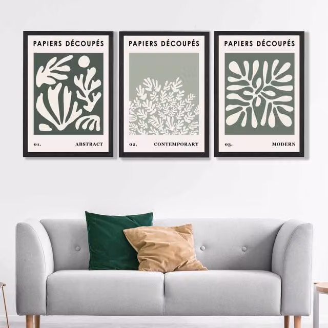 ARTZE Matisse Floral Set of 3 Wall Art Prints in Green, Sage and Beige with Black Frame