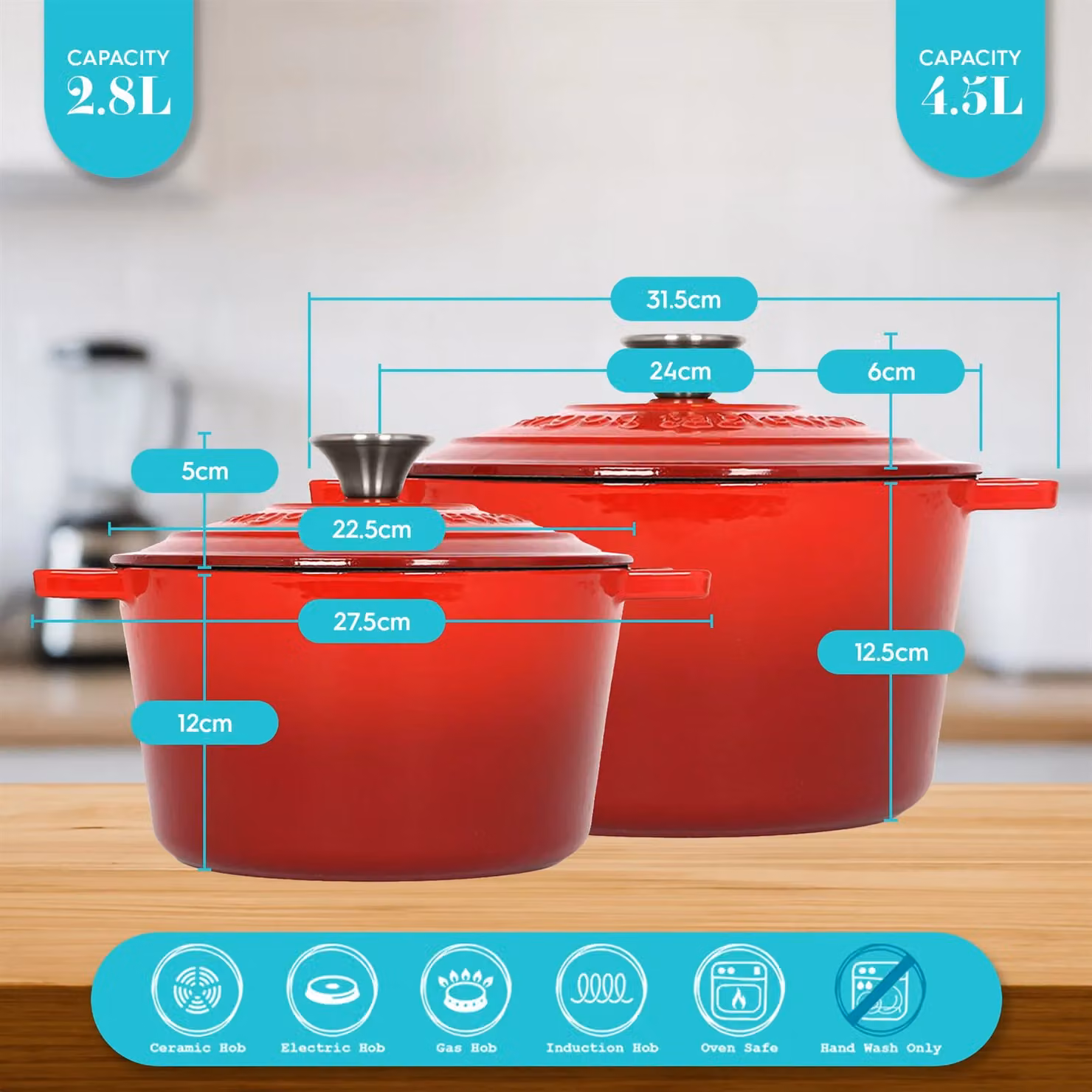 Argon Tableware 2pc Round Cast Iron Casserole Dish Set with Lids, Red, 2.8l and 4.5l – 2