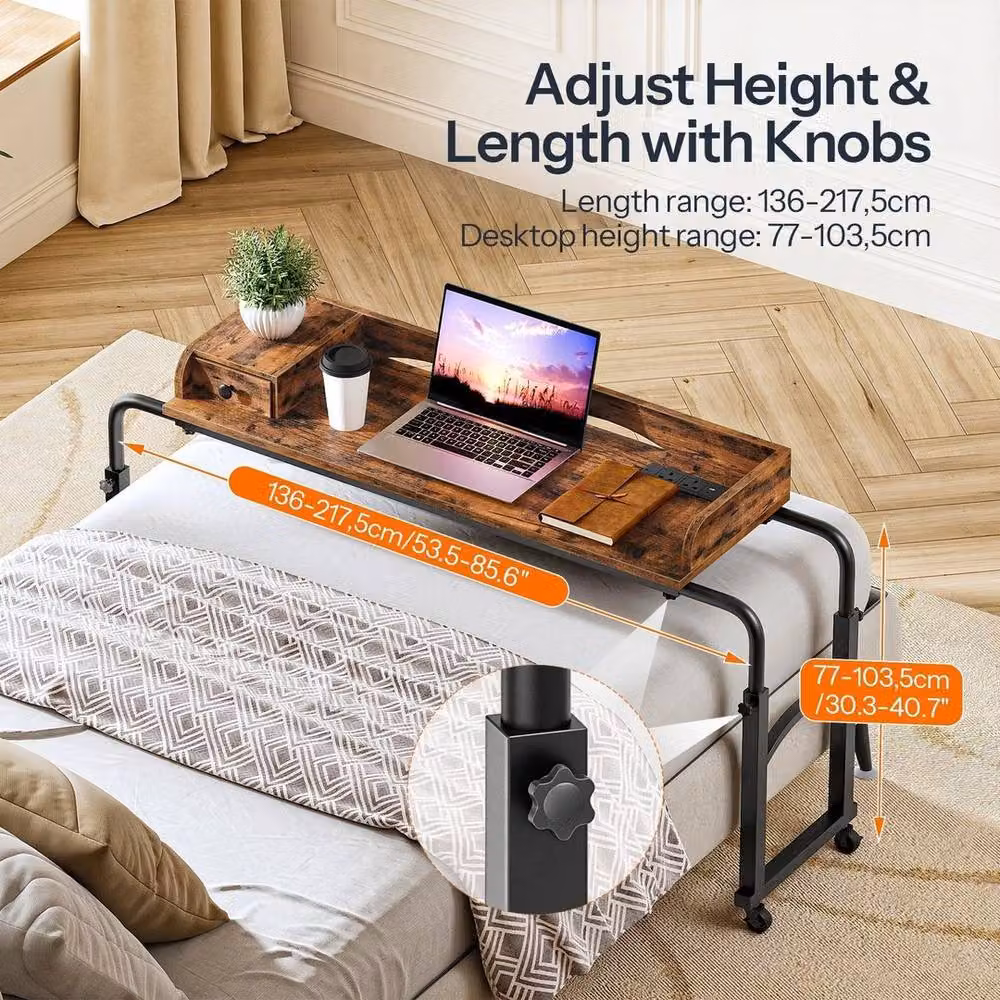 FORGEVIO Height Adjustable Overbed Table with Charging Station in Brown – 2
