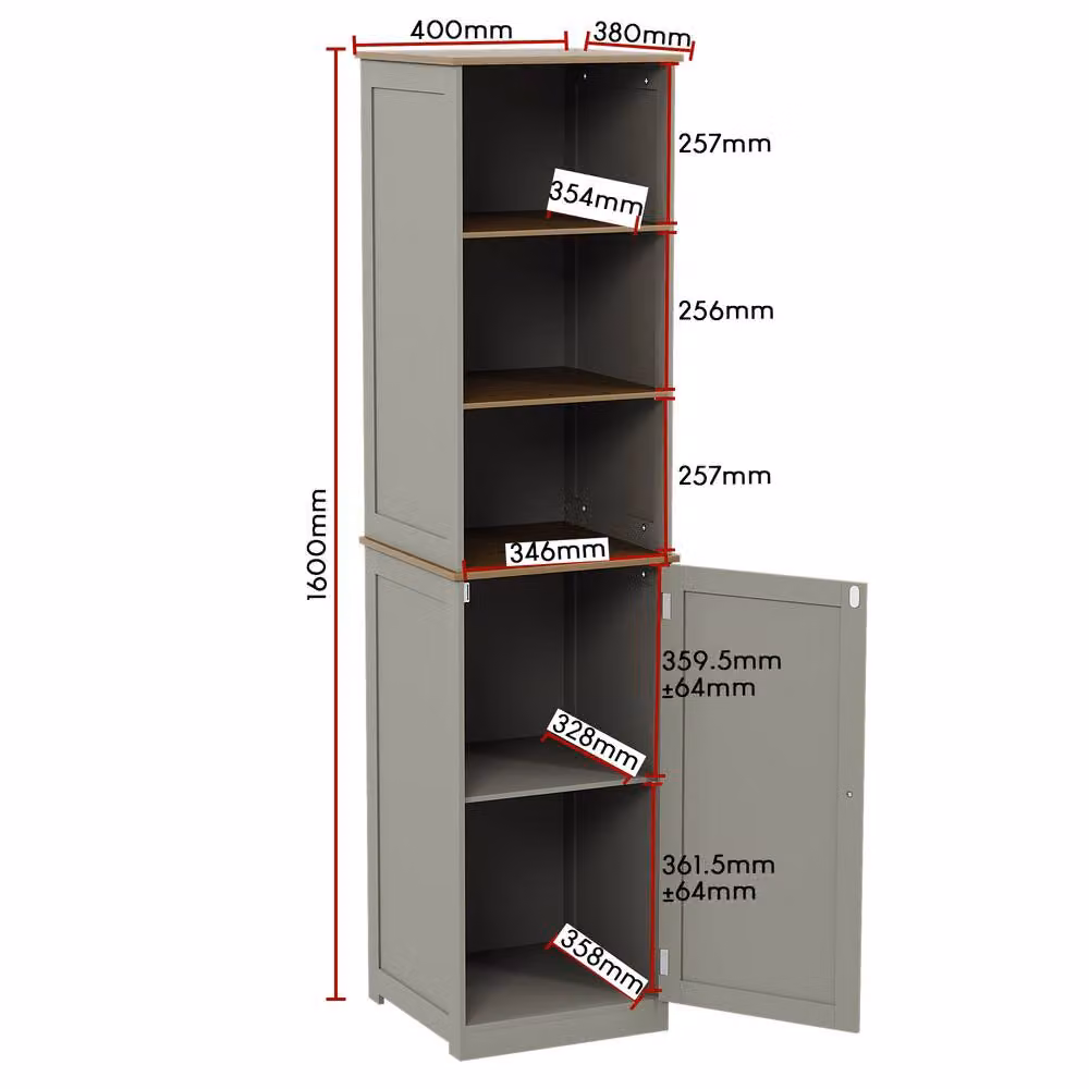HD Designs Priano Tall Storage Cabinet in Grey with 3 Open Shelves and 2-Tier Hinged Door Storage – 2