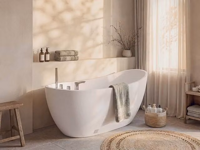 Vente-unique Natalia White Oval Acrylic Island Bathtub with Taps, W: 150 cm, D: 75 cm, H: 70 cm