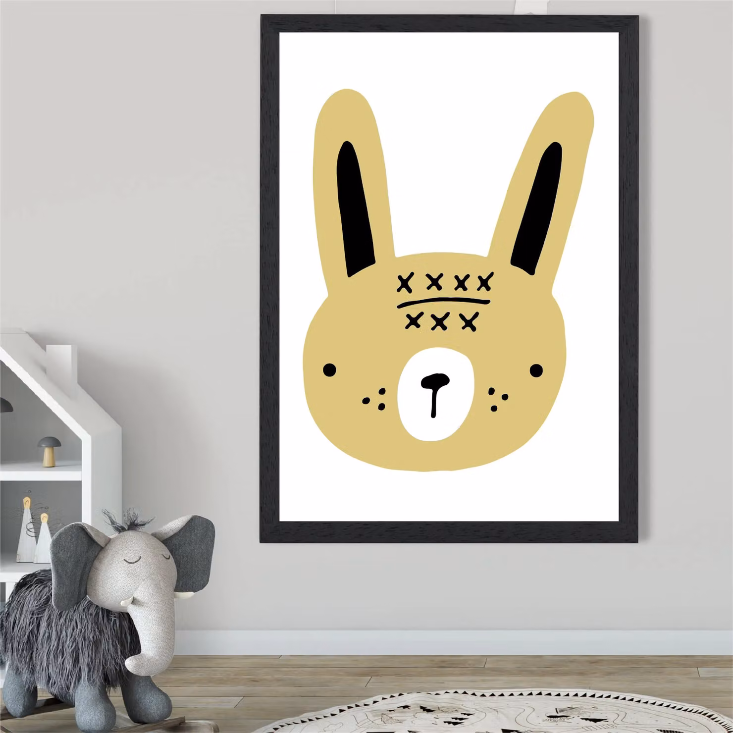 ARTZE Yellow Rabbit Scandinavian Animal Framed Print with Black Frame, A3 – 2