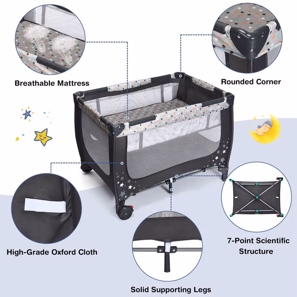 Costway 2-in-1 Foldable Baby Playpen and Bassinet Bed Activity Centre with Mattress in Grey and Multicolour – 9