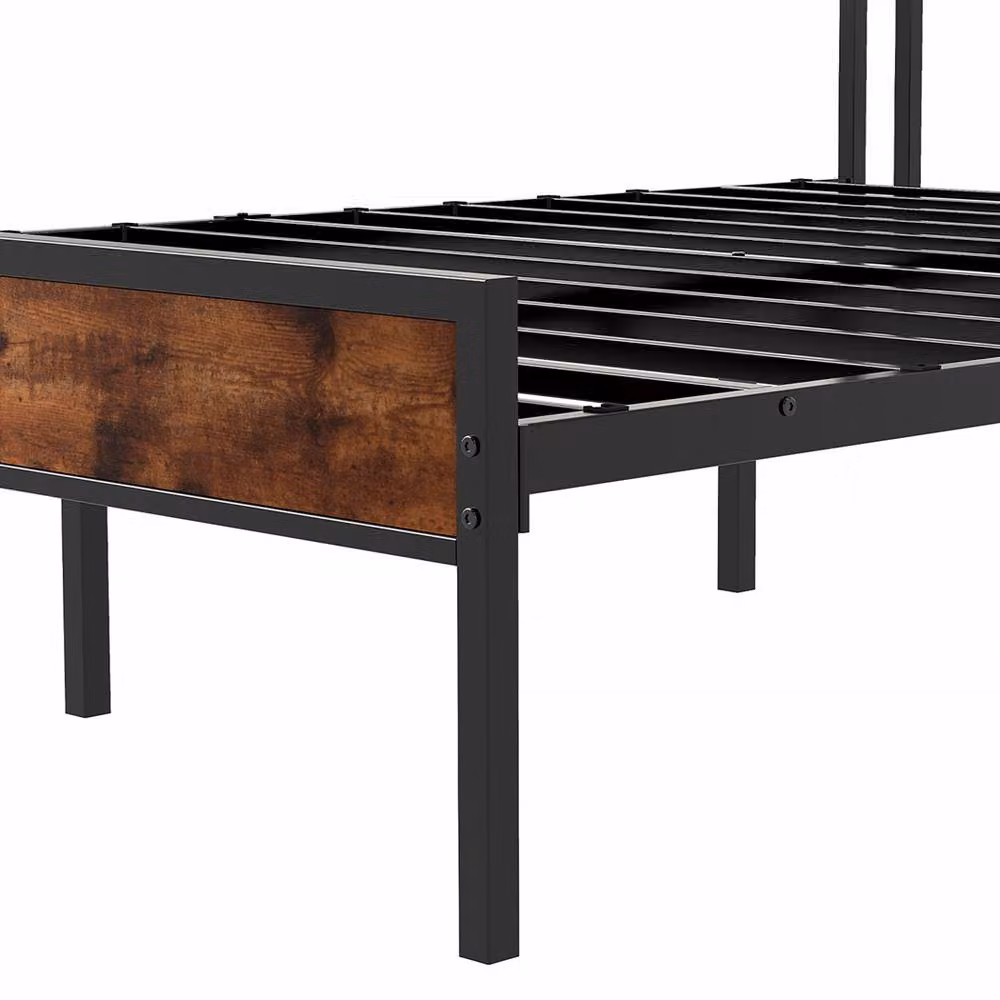 Levede Rustic Brown Upholstered Bed Frame with Side Compartments and Bedside Shelf, W/D/H: 140 x 200 cm – 10