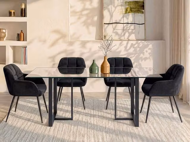 Vente-unique Modern Rectangular 6-Seat Dining Table with Transparent Glass Top and Black Metal Base, W/D/H: 180 x 90 x 75 cm – 1