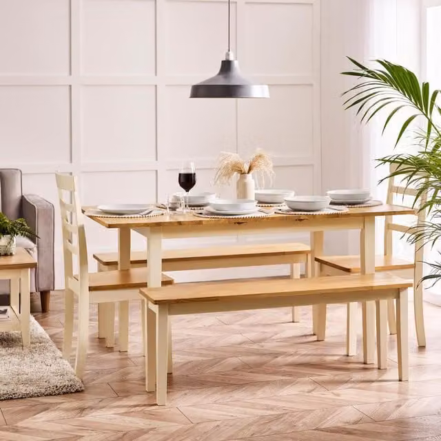 FurnitureboxUK Salcombe Extending Wooden Dining Set with 2 Whitby Chairs and 2 Large Benches in Cream