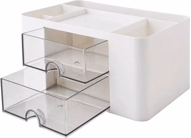 Kelvenix Multi-Compartment Office Study Desk Organiser in White and Transparent Plastic