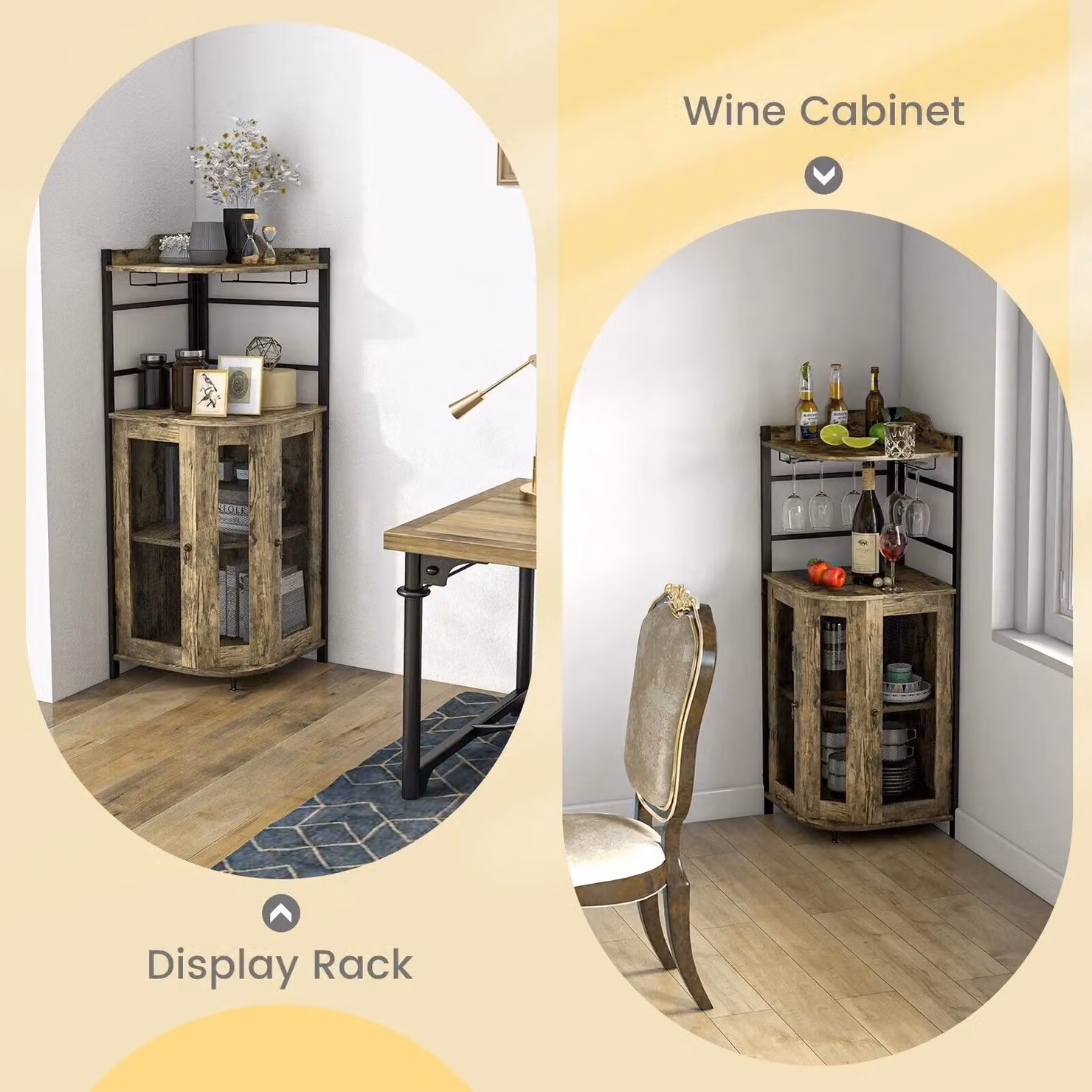 Costway Industrial Kitchen Corner Bar Cabinet with Glass Doors in Brown – 8