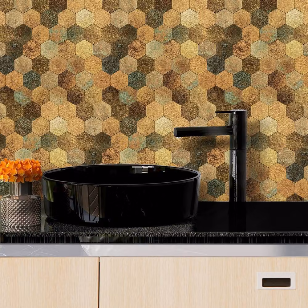 ENER-J Britwall Hexagon Aluminium Mosaic Peel & Stick Wall Tiles, Mixed Bronze, Pack of 4, W: 29.3 cm x H: 28.5 cm – 7