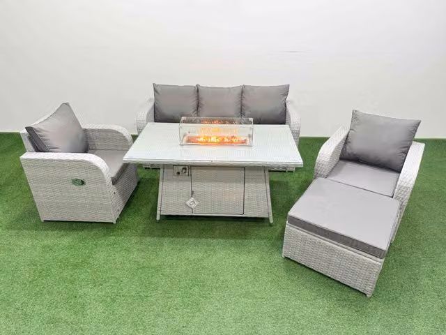 Fimous PE Rattan Garden Furniture Set with Reclining Chairs, Sofa, Firepit, Dining Table and Footstool in Light Grey