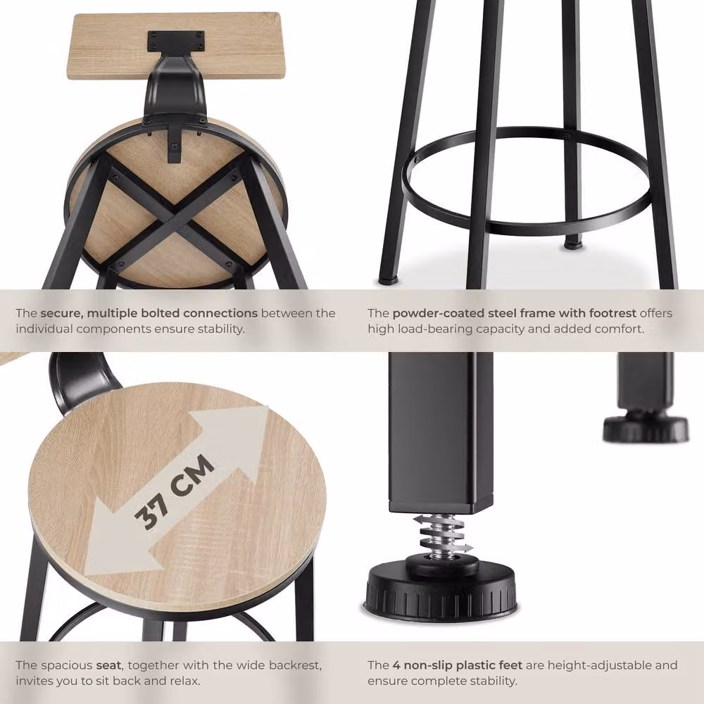 tectake Poole Industrial Set of 4 Bar Stools in Light Oak and Brown – 4