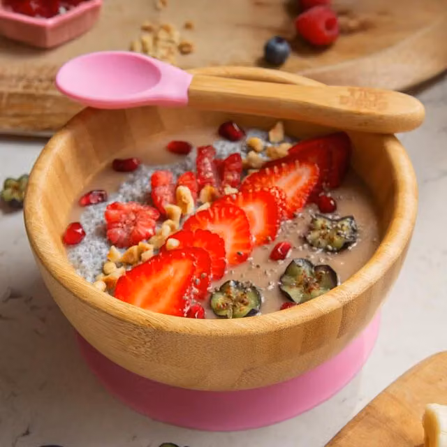 Tiny Dining Children's Bamboo Suction Cereal Bowl and Ergonomic Spoon Set in Pink
