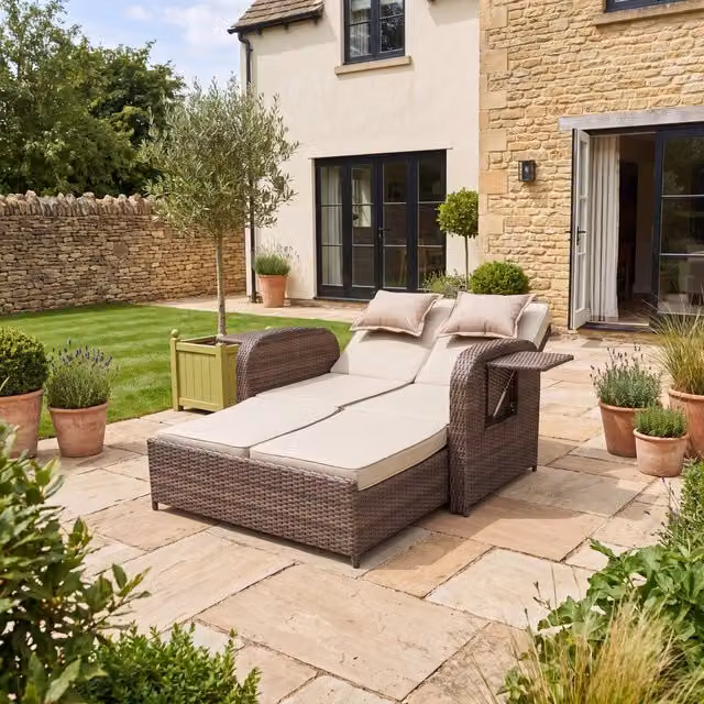 Whitmore Brown Rattan Reclining Outdoor Sofa Bed with Side Shelves