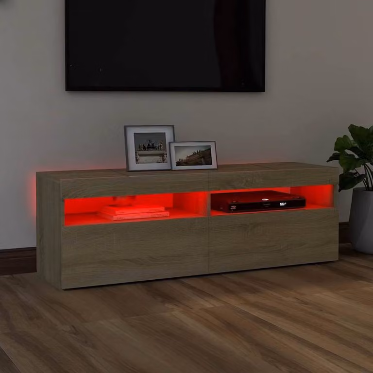 Berkfield Home TV Cabinet with LED Lights in Sonoma Oak and Light Tan, W/D/H: 120 x 35 x 40 cm