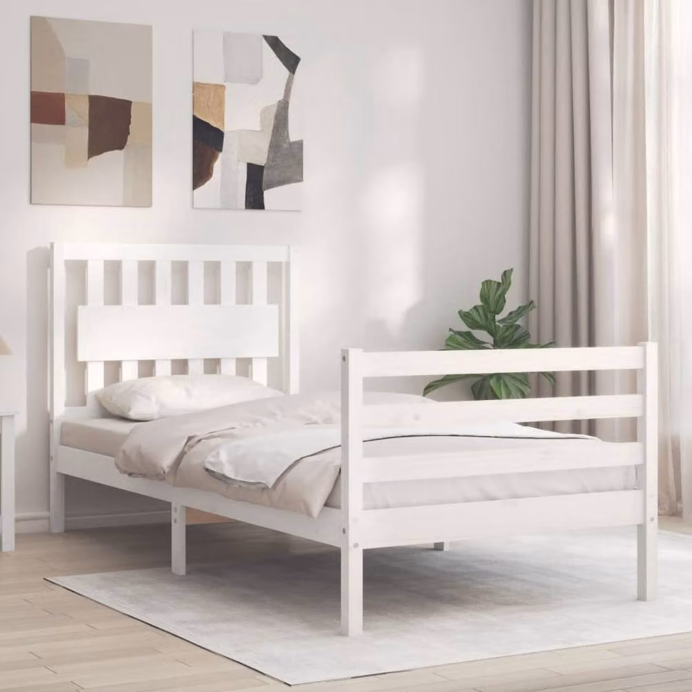 Berkfield Home Single Solid Wood Bed Frame with Headboard in White – 2