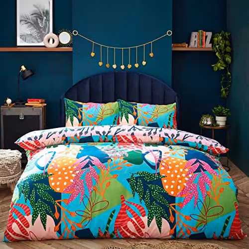 Riva Home Coralina Tropical Palm Reversible Floral Duvet Cover Set, Blue and Multicolour Polycotton, 200 x 200 cm – 2