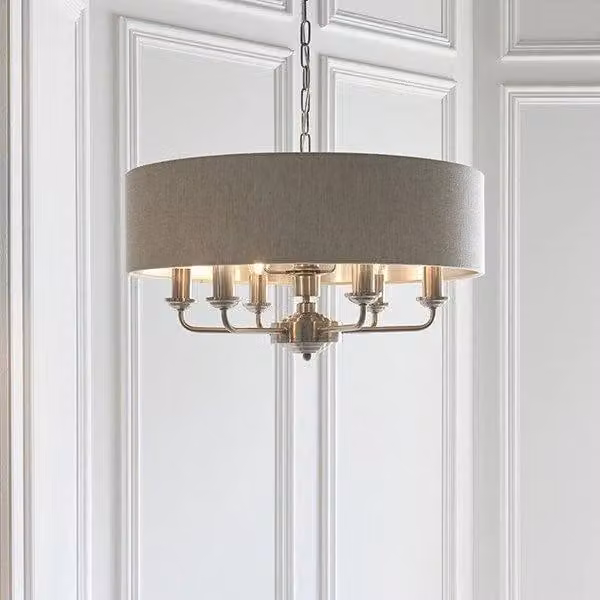 Netlighting Highclere Single Shade Pendant Light with Brushed Chrome Plate and Grey Natural Linen Fabric