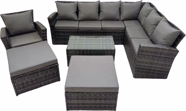 Fimous 9 Seater L-Shape Garden Sofa Set in Dark Grey with Coffee Table, Armchair and 2 Footstools – 1