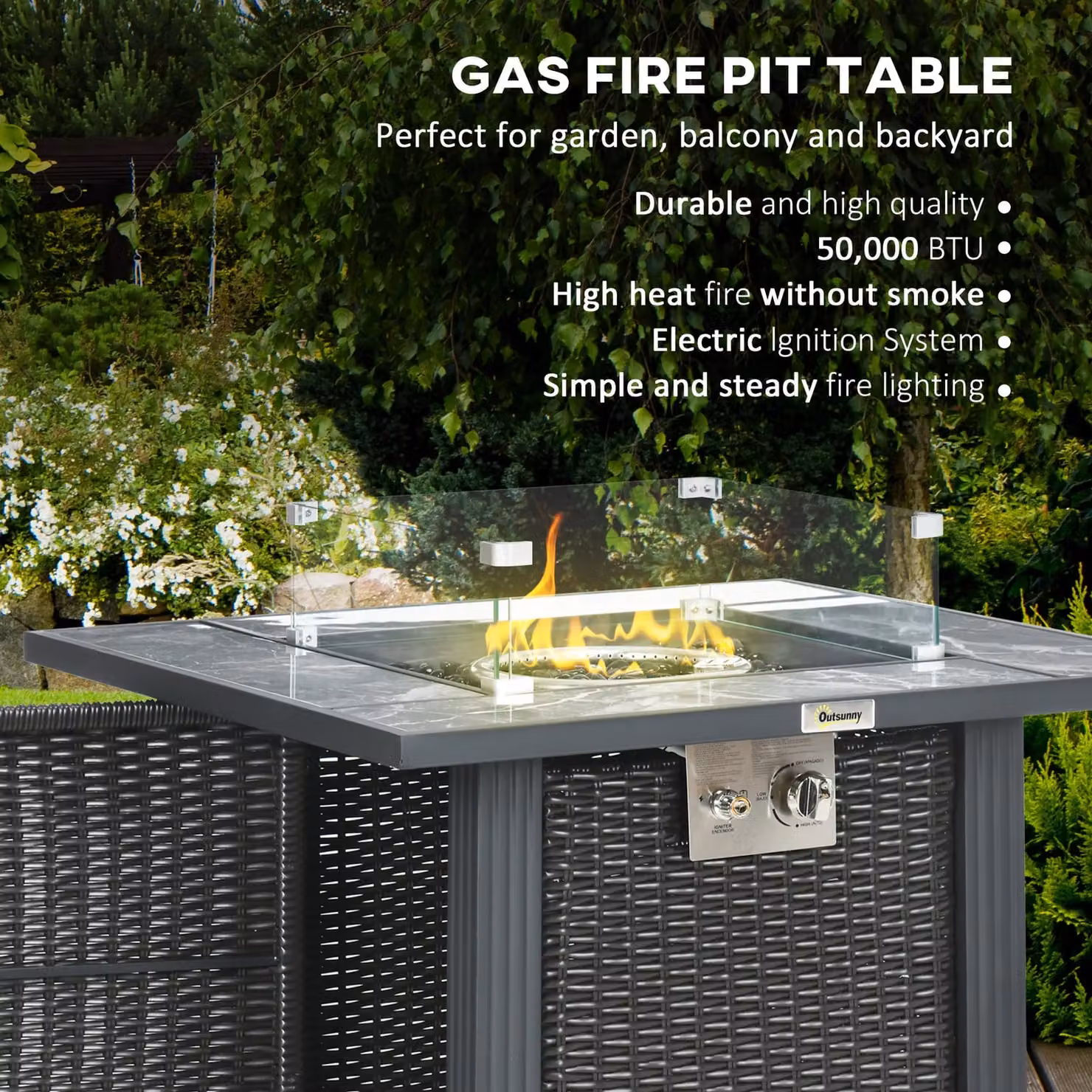 OUTSUNNY Black Rattan Gas Fire Pit Table with Rain Cover, Windscreen and Glass Stones, 50,000 BTU, W/D/H: 80 x 61 x 49 cm – 4