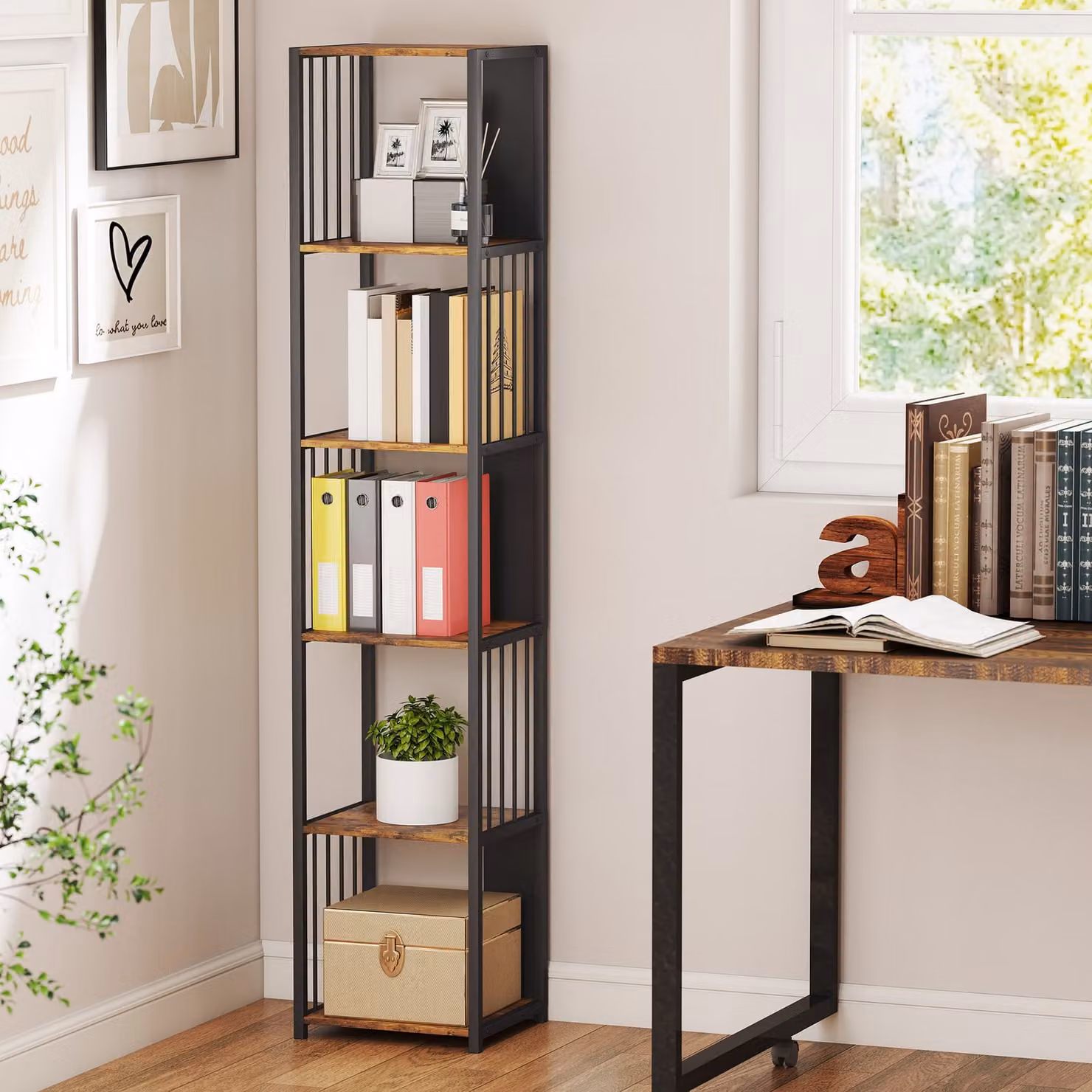 HOMCOM 5-Tier Modern Freestanding Bookshelf with Steel Frame in Brown and Black – 2