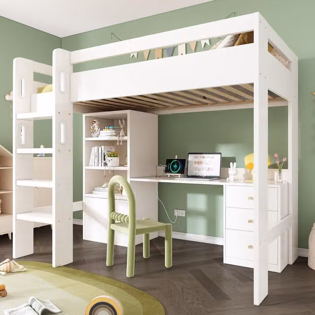 Aosom UK Kids High Sleeper Loft Bed in White with Built-in Storage Drawers and USB/Type-C Charging, W: 108 cm, D: 196 cm, H: 175 cm – 1
