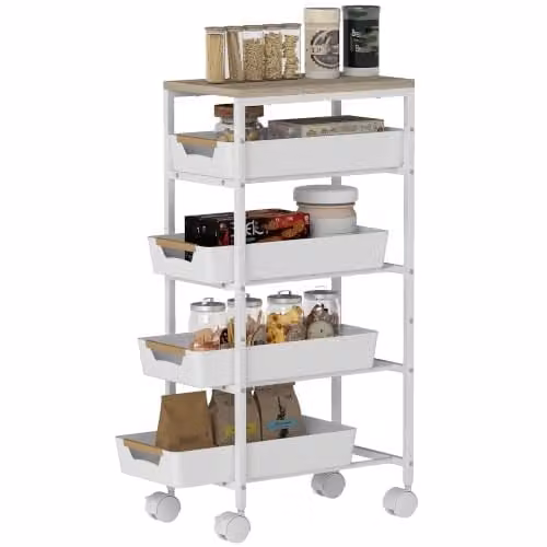 HOMCOM 5-Tier White Metal Storage Trolley on Wheels with 4 Pull-Out Drawers