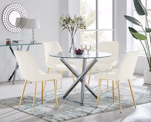 FurnitureboxUK Selina Round Glass Dining Table and Four Pesaro Gold Leg Chairs in Beige and Gold